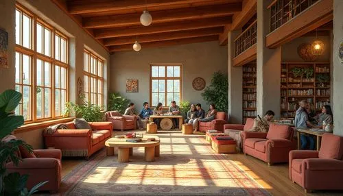 reading room,study room,loft,living room,livingroom,breakfast room,library,indoors,indoor,lobby,hotel lobby,children's interior,interiors,sitting room,sunroom,clubroom,study,3d render,3d rendering,furnishings,Photography,General,Realistic