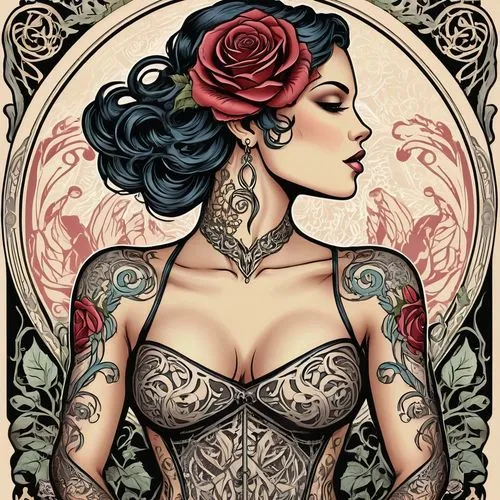 tattoo girl,baroness,watercolor pin up,chicanas,chicana,valentine pin up,rosson,bella rosa,tattooist,viveros,boho art style,rosa bonita,flamenca,boho art,tats,tattooed,victorian lady,tattoo expo,catrina calavera,tattoos,Illustration,Retro,Retro 13