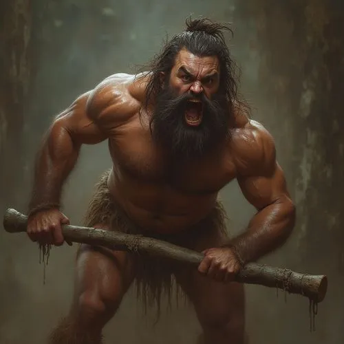 Huge muscular angry filthy dirty bearded tan caveman with hairy chest with messy long hair in the Stone Age holding a big thick wooden club ,a man with a large beard and a big body holding a stick,bar