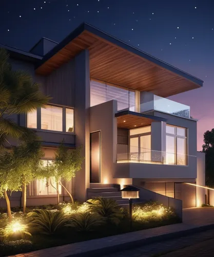 สร้างรูปเป็นกลางคืน ไฟส่องสวยงาม ที่ตัวบ้าน ส่องต้นไม้ มืออาชีพ  ,modern house,smart house,smart home,3d rendering,modern architecture,mid century house,luxury real estate,eco-construction,luxury prop