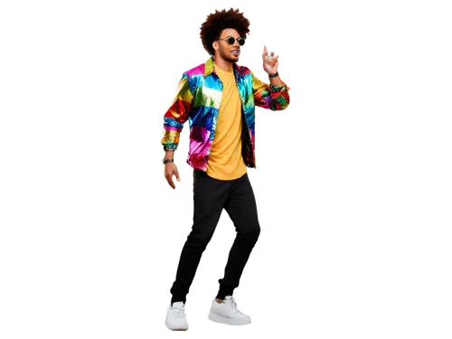 DJ, funky music, male, Afro hairstyle, sunglasses, gold chain, colorful shirt, black pants, sneakers, spinning records, mixing console, flashing lights, dynamic movement, low-angle shot, vibrant color