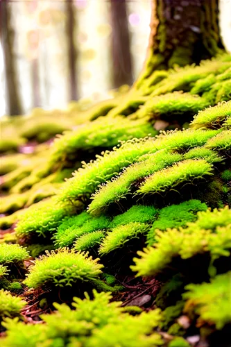 Green moss, multiple clusters, soft texture, rounded shapes, various sizes, natural growth, forest floor, warm lighting, macro shot, close-up composition, shallow depth of field, vibrant color tone, h