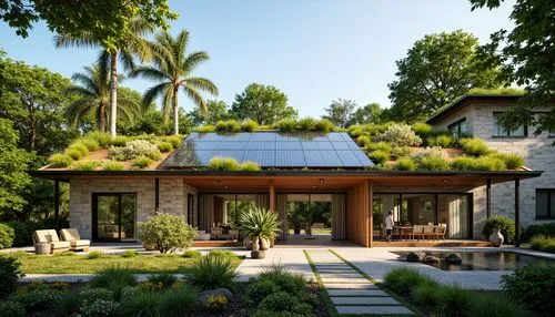 Vibrant green roof, lush vegetation, solar panels, rainwater harvesting system, eco-friendly building materials, natural stone walls, reclaimed wood accents, energy-efficient lighting, living walls, v