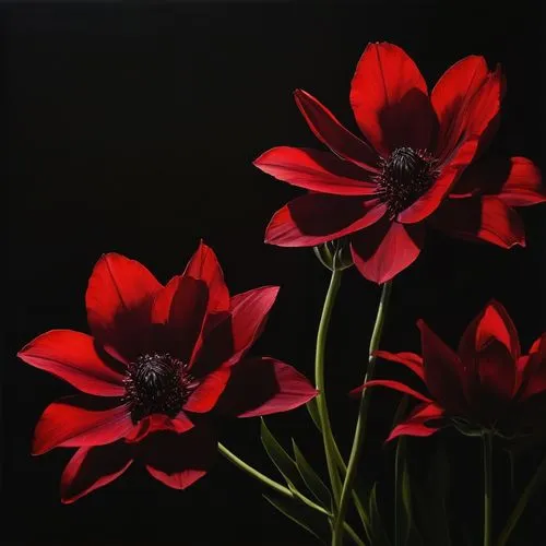 The image displays an intensely close-up view of deep red flowers. The majority of the composition is dominated by petals that have rich, velvety textures. The lighting is low, casting shadows that ad