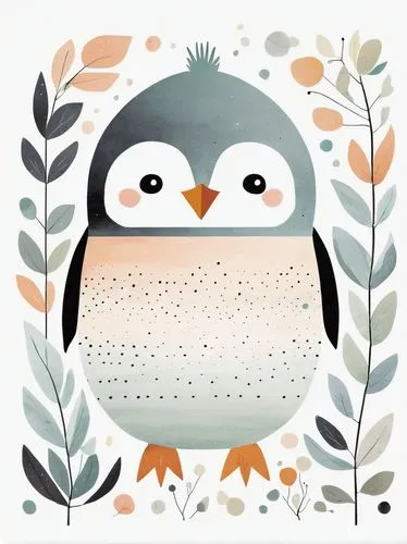 A cute penguin clipart, organic forms, in the style of Jon Klassen, desaturated light and airy pastel color palette, nursery art, white background








,bird illustration,sparrow owl,vector illustr