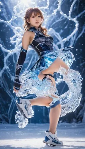 ice princess,lindsey stirling,ice queen,figure skating,ice,ice skating,figure skater,artificial ice,winterblueher,ice dancing,water nymph,frozen ice,ice floe,aqua,icemaker,ice skate,figure skate,water glace,photoshoot with water,crystalline,Illustration,Japanese style,Japanese Style 18