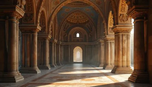 Intricate stone carvings, ornate arches, grandiose domes, richly decorated columns, vibrant mosaics, golden accents, solemn atmosphere, soft warm lighting, dramatic shadows, ancient historical signifi