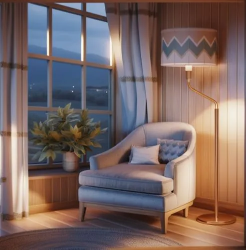 window treatment,sitting room,bedroom,livingroom,visual effect lighting,bedroom window,bay window,cabana,guest room,wooden windows,modern room,3d render,window with sea view,window curtain,soft furnit