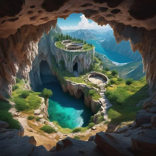 cave on the water,cave,caves,sea caves,ravine,cavern,the blue caves,mountain spring,blue caves,grotte,fantasy landscape,caverns,cavernosa,blue cave,grotta,alfheim,cave church,gruta,canyons,cave tour,Illustration,Paper based,Paper Based 04