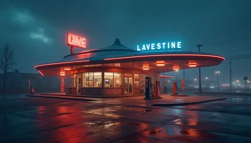 Streamline Moderne style, retro-futuristic gas station, neon lights, curved lines, metallic exterior, vintage sci-fi feel, sleek and shiny surface, geometric shapes, bold typography, retro-colored sig