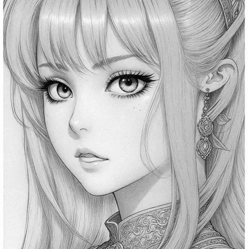 pencil drawing priness  style  Julius Leblanc Stewart,an anime character has long blonde hair and large eyes,pacifica,zelda,kouka,zhui,diaochan,lotus art drawing,Design Sketch,Design Sketch,Detailed O