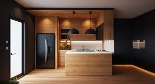 cocina con acabados de lujo en tonos negros, encimera de cuarzo negro y gabinetes madera tzalam,an empty kitchen with black cabinets, wooden floors and two lights,kitchen design,modern kitchen interio