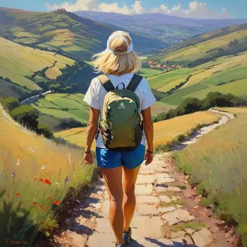 woman walking,girl walking away,hiker,camino,buencamino,oil painting,trekking,walking in a spring,heatherley,oil painting on canvas,farrant,hike,hikers,travel woman,donsky,suitcase in field,world digital painting,toscana,venturer,hiking,Conceptual Art,Sci-Fi,Sci-Fi 22