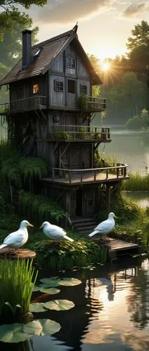 As the sun sets over a tranquil lake, a rustic Grass house nestled in the midst of a green forest feilds. The water is still and unfurled, and white birds flit wildly in the gentle currents. The tranq