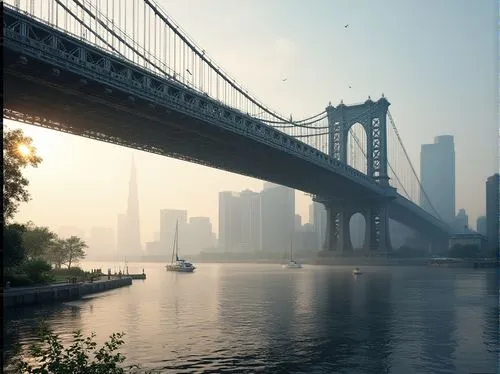 International style bridge, grandeur architecture, steel beams, symmetrical composition, modern minimalist design, urban cityscape, morning mist, soft warm lighting, river flowing underneath, gentle r