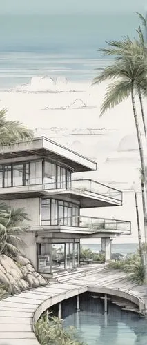 oceanfront,beachfront,sketchup,beach house,renderings,house by the water,tropical house,beachhouse,dunes house,shorefront,unbuilt,neutra,outrigger,amanresorts,3d rendering,intercostal,beachside,seasteading,oceanview,beach resort,Illustration,Paper based,Paper Based 30