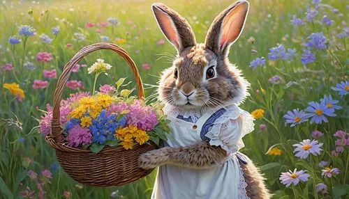bunny on flower,easter bunny,flowers in basket,easter basket,peter rabbit,easter theme,easter background,easter décor,flower basket,european rabbit,pascua,american snapshot'hare,spring bouquet,brown rabbit,hare field,flower delivery,easter rabbits,springtime background,bunny,cottontails,Illustration,Japanese style,Japanese Style 13