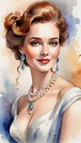 maureen o'hara - female,watercolor women accessory,noblewoman,margaery,pearl necklace,vintage woman,Illustration,Paper based,Paper Based 24