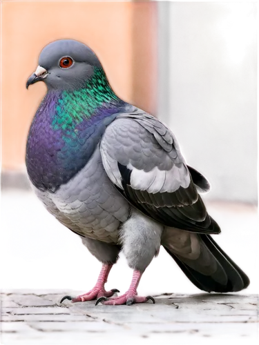 Grey pigeon, adult, solo, standing, feathers fluffed up, beak slightly open, eyes looking straight, grey wings, soft plumage, city street, morning light, 3/4 composition, shallow depth of field, warm 