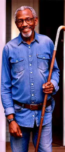 Old African American man, senior, 70yo, wrinkled face, white beard, grey hair, glasses, worn denim shirt, faded jeans, brown leather belt, walking cane, sitting on porch, gentle smile, warm lighting, 