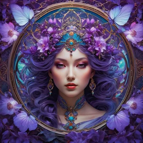 fantasy portrait,fantasy art,blue enchantress,wreath of flowers,faery,persephone,fractals art,mystical portrait of a girl,faerie,fairie,oriental princess,liliana,fairy queen,violet head elf,zodiac sign libra,baoshun,elven flower,bohemian art,adornment,lilac blossom,Photography,General,Fantasy