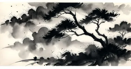 painting - the nches in black and white are very dramatic,ink painting,wuthering,old tree silhouette,watercolor pine tree,tree silhouette,tree canopy,Illustration,Paper based,Paper Based 30