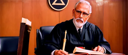 Indian judge, mature man, serious expression, white beard, glasses, black robe, golden brooch, hands clasped together, sitting on wooden chair, leather-bound book, courtroom setting, soft lighting, sh