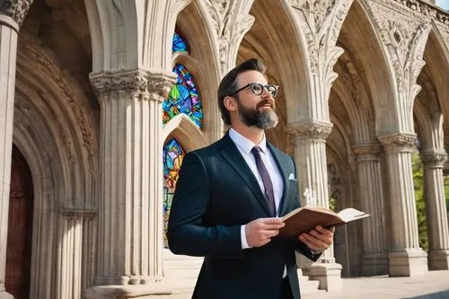 Middle-aged male, architectural designer, Winchester-inspired outfit, blazer, white shirt, dark trousers, black leather shoes, glasses, short brown hair, beard, holding a sketchbook, standing in front