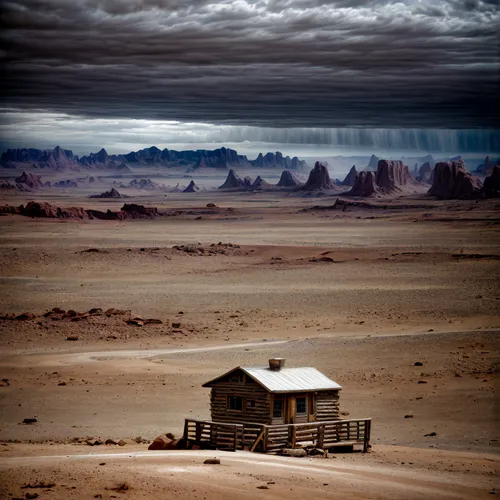 a small, lonely, junk cabin in the middle of the desert rain,arid landscape,desert desert landscape,desert landscape,the gobi desert,gobi desert,libyan desert,the atacama desert,capture desert,arid la