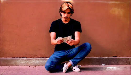 Hand holding 500 pesos bill, male, casual wear, short sleeves, jeans, sneakers, relaxed posture, slight smile, subtle wrinkles, messy brown hair, morning light, shallow depth of field, warm color tone