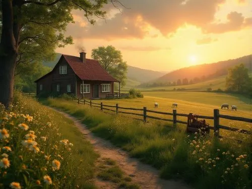 meadow landscape,home landscape,countryside,summer cottage,country cottage,meadow,rural landscape,landscape background,red barn,country side,farm landscape,bucolic,cottage,beautiful landscape,summer meadow,lonely house,mountain meadow,little house,green meadow,country house,Photography,General,Realistic