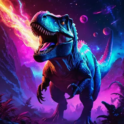 Un T-Rex rugiendo  en un espacio cósmico de luz neón,a tyranosaurus is walking through the space,dino,trex,tyrannosaurus rex,ladinos,tyrannosaurus,dinosaur,Conceptual Art,Fantasy,Fantasy 02