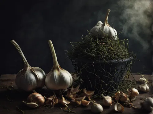 Create a spooky setting where cloves of garlic are used as a powerful weapon against evil creatures.,clove garlic,cultivated garlic,clove of garlic,a clove of garlic,cloves of garlic,garlic bulbs,wels