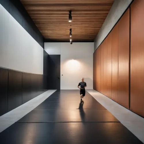 Man jumps towards the ceiling above it . He is standing on the ceiling.,he can jump higher,hallway space,corten steel,adjaye,hallway,chipperfield,zumthor