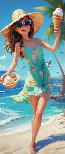 Seaside binbon, summer vacation, happy smiling face, messy beachy hair, light freckles, colorful swimsuit, straw hat, sunglasses, ice cream in hand, casual pose, standing by the ocean, palm trees sway