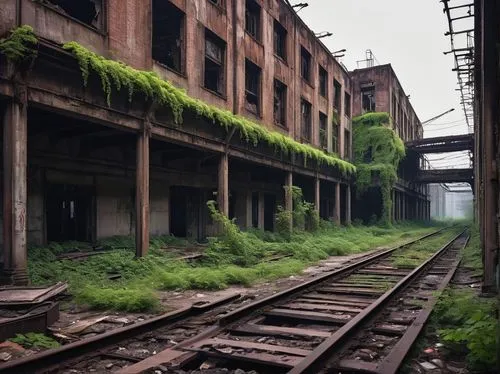 abandoned train station,deindustrialization,abandoned factory,industrial ruin,overgrowth,industrial landscape,brownfields,industrialism,industrialization,fordlandia,old factory,urban landscape,lostplace,abandoned places,disused railway line,railyards,lost place,industrialised,hudson yard,warehouses,Illustration,Realistic Fantasy,Realistic Fantasy 30