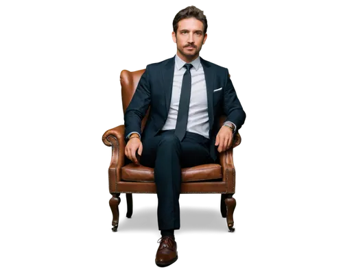 Figaro photo, mature man, solo, (35yo), handsome detailed face, short brown hair, beard, mustache, white shirt, black suit, tie, Rolex watch, confident posture, sitting on a luxurious leather chair, 3