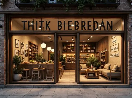 South-facing storefront, large glass windows, wooden doorframes, rustic metal signage, vintage-inspired typography, distressed brick walls, exposed ductwork, polished concrete floors, reclaimed wood a