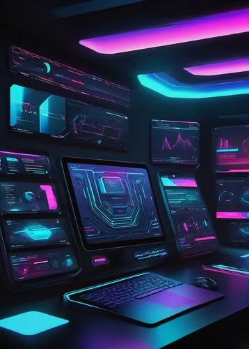 80's design,ufo interior,neon arrows,computer art,cyberspace,computer room,cinema 4d,futuristic,computer desk,computer,monitor wall,cyber,neon,80s,neon ghosts,screens,computer screen,neon coffee,neon light,3d background,Illustration,Japanese style,Japanese Style 17