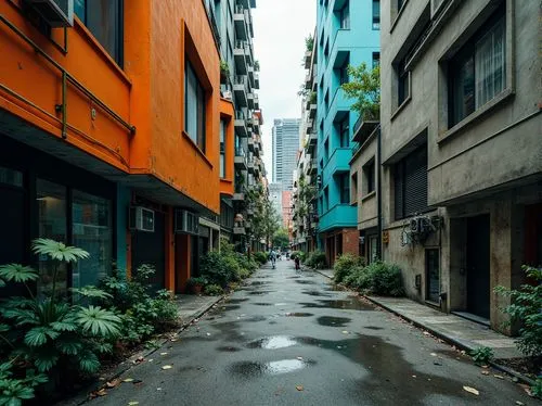 Deconstructed fragmented forms, clashing bold colors, chaotic urban landscape, distressed textures, exposed ductwork, industrial materials, avant-garde architecture, dissonant hues, vibrant orange acc