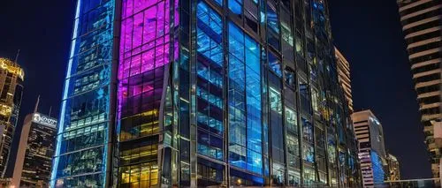 Modern architectural collective, futuristic skyscraper, geometric shapes, glass and steel materials, neon lights, cityscape, urban atmosphere, night scene, 3/4 composition, low-angle shot, dramatic li