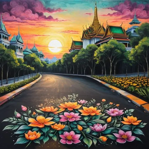 Thai grand palace, chalk art on the asphalt, Thai flowers, nature sunset, concept art ,siriraj,phra nakhon si ayutthaya,chiangmai,krungthai,dhammakaya,rattanakosin,dhamma,mahidol,rattanakiri,phetchabu