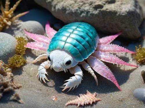 Isopod Fursona, anthropomorphic isopod, cute face, big round eyes, tiny nose, fluffy white fur, pink ears, detailed claws, tiny paws, soft belly, adorable posture, sitting on a rocky beach, seaweed wr