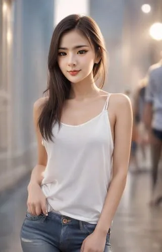 detailed wearing white tank top blouse and skinny short jeans,phuquy,sephie,moua,gmarket,blurred background,portrait background,padhye,asian woman,nana,sori,yujia,bdo,jeans background,asian girl,xie,m