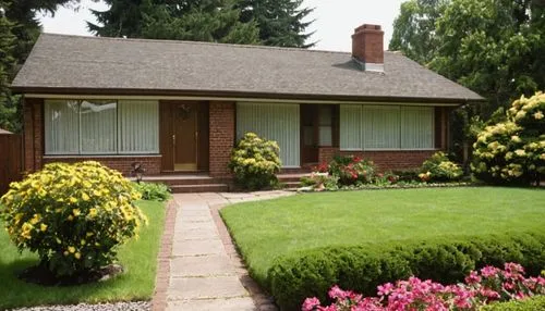 1970s home, suburban residence, single-story house, brick exterior walls, wooden door with brass doorknob, large windows with vertical blinds, sloping roof with terra cotta tiles, chimney on the side,