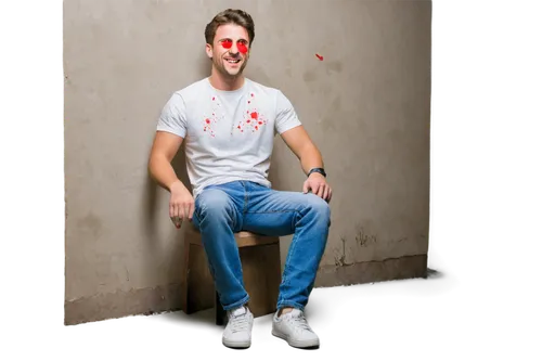 Funny drunk guy, solo, (30yo), messy brown hair, bloodshot eyes, crooked smile, red nose, beer stains on shirt, ripped jeans, sneakers, leaning against wall, laughing loudly, relaxed posture, soft foc