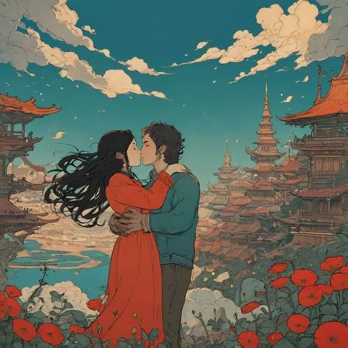 ukiyoe,chomet,romantic scene,asia,hokusai,kommuna,Illustration,Realistic Fantasy,Realistic Fantasy 12