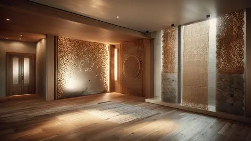 add living room furniture,a wood floor that has some fancy panels in it,luxury bathroom,hallway space,metallic door,wallcoverings,gold wall,bamboo curtain,Photography,General,Cinematic