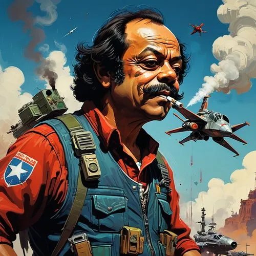 Cheech Marin flying a star fighter and smoking a bong,an artistic cartoon painting of a fighter pilot,poe,tucano,plissken,sedensky,lando,huey,brubaker,captain american,nakri,malczewski,pilot,doc,trejo