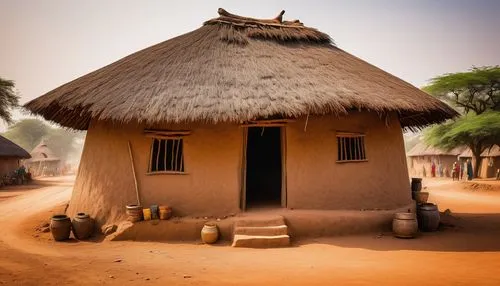 West African architecture, mud huts, thatched roofs, wooden doors, vibrant color schemes, intricate patterns, adobe structures, earthy tones, natural materials, rustic textures, geometric shapes, orna